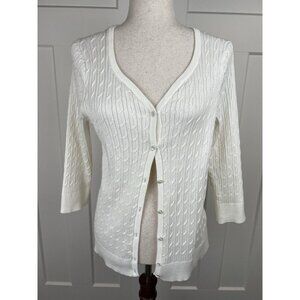 Talbots Petite Cable Knit Cardigan Ivory 100% Pima Cotton Button Front LP